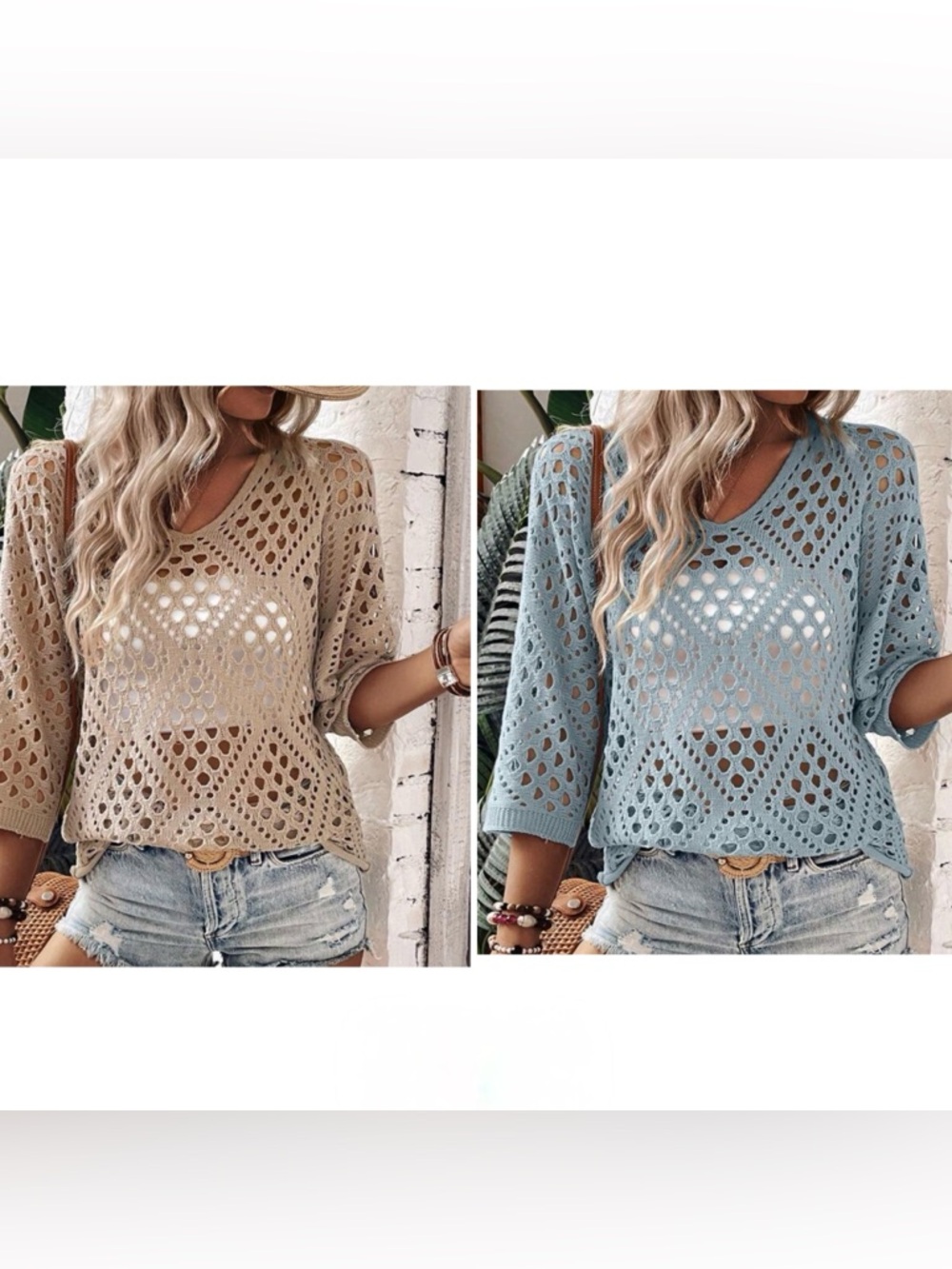 SHEIN (2) Boho Crochet Knit Sweater | Open Knit Beach Cover Up Top NWOT